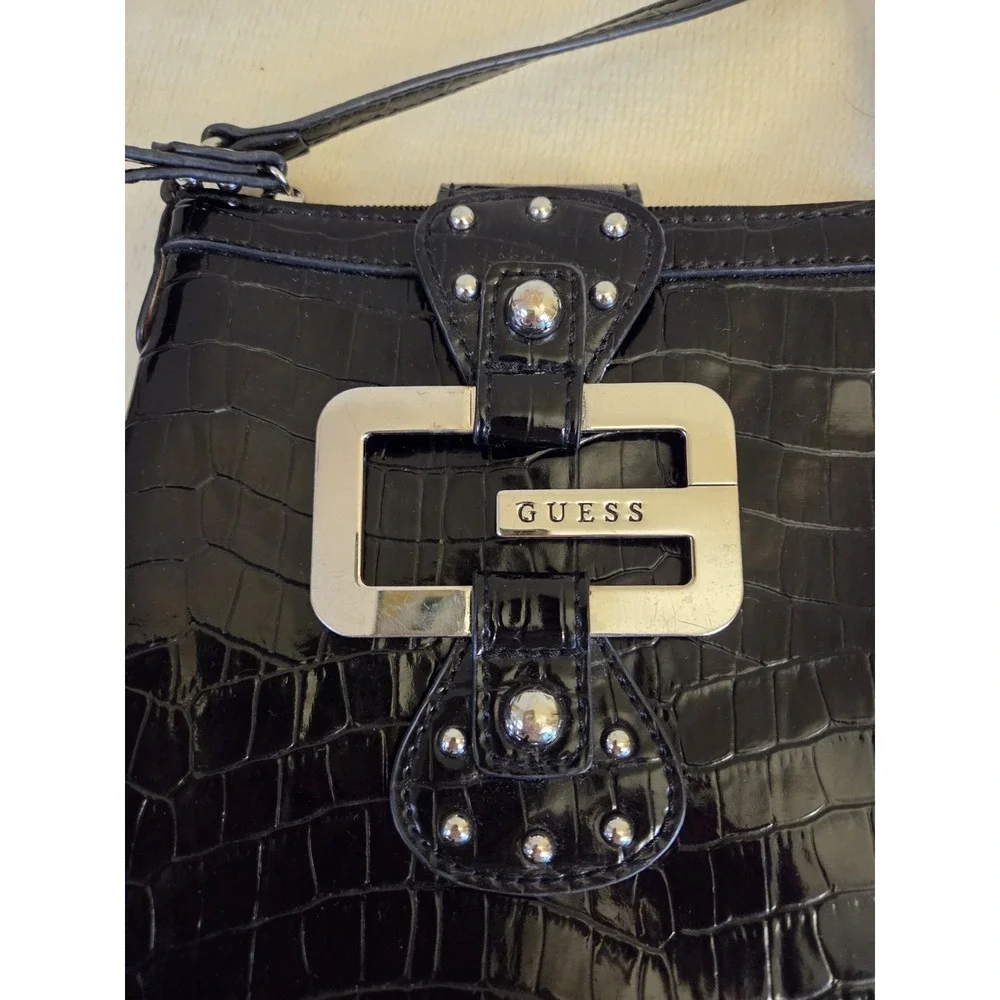Vintage Y2K Guess Western Croc Big G Silver Studded Patent Black Crossbody Purse